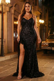 Sparkly Black Mermaid Beaded Corset Sequin Ruffle Long Prom Dress with Slit