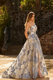 Strapless Dusty Blue Corset A Line Floral Brocade Long Prom Dress with Slit