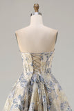Dusty Blue Floral Strapless Corset A Line Long Prom Dress with Slit