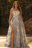 Strapless Dusty Blue Corset A Line Floral Brocade Long Prom Dress with Slit