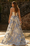 Strapless Dusty Blue Corset A Line Floral Brocade Long Prom Dress with Slit