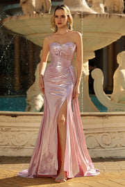 Metallic Strapless Pink Mermaid Pleated Sheer Corset Long Prom Dress with Slit