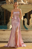 Strapless Metallic Dark Green Mermaid Corset Long Prom Dress with Slit