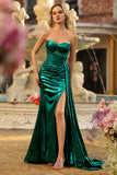 Strapless Metallic Dark Green Mermaid Corset Long Prom Dress with Slit
