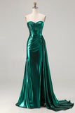 Strapless Metallic Dark Green Mermaid Corset Long Prom Dress with Slit