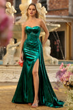Strapless Metallic Dark Green Mermaid Corset Long Prom Dress with Slit