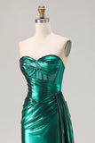Metallic Dark Green Mermaid Strapless Pleated Corset Long Prom Dress with Slit