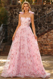 Sparkly Pink Floral A-Line Sequin Long Prom Dress with Bows
