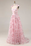 Sparkly Pink A-Line Floral Sequins Long Prom Dress with Bows