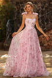 Sparkly Pink Floral A-Line Sequin Long Prom Dress with Bows