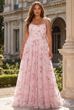 Sparkly Pink A-Line Floral Sequins Long Prom Dress with Bows