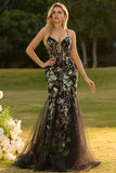 Black Mermaid Corset Sequins Floral Long Prom Dress with Lace Up Back