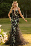 Black Mermaid Corset Sequins Floral Long Prom Dress with Lace Up Back