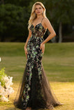 Black Mermaid Corset Sequins Floral Long Prom Dress with Lace Up Back