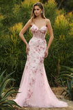 Pink Corset Floral Mermaid Lace Up Back Long Prom Dress with Sequins