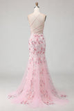Sparkly Pink Floral Corset Mermaid Long Prom Dress with Sequins