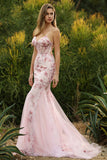 Pink Corset Floral Mermaid Lace Up Back Long Prom Dress with Sequins