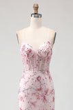 Sparkly Pink Floral Corset Mermaid Long Prom Dress with Sequins