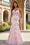 Sparkly Pink Floral Corset Mermaid Long Prom Dress with Sequins