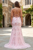 Sparkly Pink Floral Corset Mermaid Long Prom Dress with Sequins