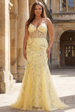 Yellow Mermaid Corset Floral Lace Up Back Long Prom Dress with Sequins