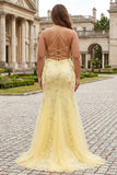 Yellow Mermaid Corset Floral Lace Up Back Long Prom Dress with Sequins