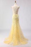 Yellow Mermaid Corset Floral Lace Up Back Long Prom Dress with Sequins