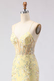 Yellow Mermaid Corset Floral Lace Up Back Long Prom Dress with Sequins