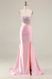 Pink Beaded Mermaid Spaghetti Straps Corset Ruched Long Prom Dress with Slit