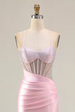 Pink Beaded Mermaid Spaghetti Straps Corset Ruched Long Prom Dress with Slit