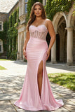 Pink Beaded Mermaid Spaghetti Straps Corset Ruched Long Prom Dress with Slit
