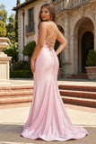 Pink Mermaid Spaghetti Straps Beaded Corset Long Plus Size Prom Dress with Slit