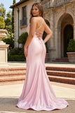Pink Beaded Mermaid Spaghetti Straps Corset Ruched Long Prom Dress with Slit