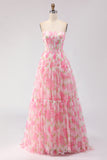 Pink Print Floral Strapless A Line Corset Long Prom Dress