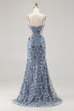 Mermaid Dusty Blue Sequins Beaded Cut Out Long Prom Dress with Slit