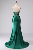 Dark Green Mermaid Strapless Corset Ruched Sequin Lace Up Back Prom Dress with Slit
