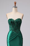 Dark Green Mermaid Strapless Corset Ruched Sequin Lace Up Back Prom Dress with Slit