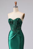 Dark Green Mermaid Strapless Corset Ruched Sequin Lace Up Back Prom Dress with Slit