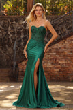 Dark Green Mermaid Strapless Corset Ruched Sequin Lace Up Back Prom Dress with Slit