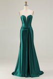 Strapless Mermaid Dark Green Corset Long Prom Dress with Sash