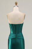 Strapless Mermaid Dark Green Corset Long Prom Dress with Sash
