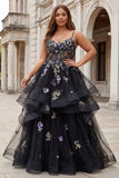 Princess Black Sequins Lace Up Back Long Prom Dress with Ruffles