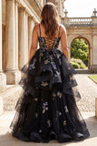 Princess Black Sequins Lace Up Back Long Prom Dress with Ruffles