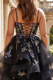 Black Flower Sequins Long Plus Size Prom Dress with Ruffles