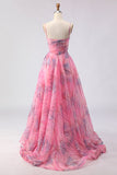 Pink A-Line Print Tulle Floral Corset Long Prom Dress with Slit