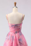 Pink A-Line Print Tulle Floral Corset Long Prom Dress with Slit