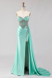 Sweetheart Mermaid Beaded Mint Green Long Prom Dress with Slit
