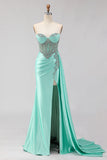 Sweetheart Mermaid Beaded Mint Green Long Prom Dress with Slit