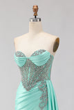 Sweetheart Mermaid Beaded Mint Green Long Prom Dress with Slit