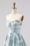 Strapless A Line Light Blue Corset Jacquard Long Prom Dress with Slit